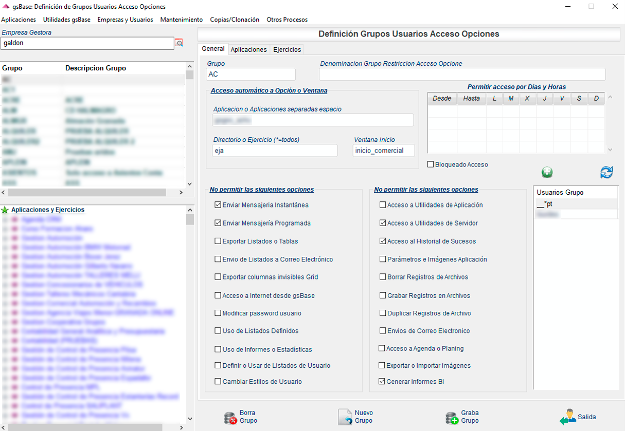 Roles y permisos ERP gsBase® por opciones: ventanas, acciones y utilidades