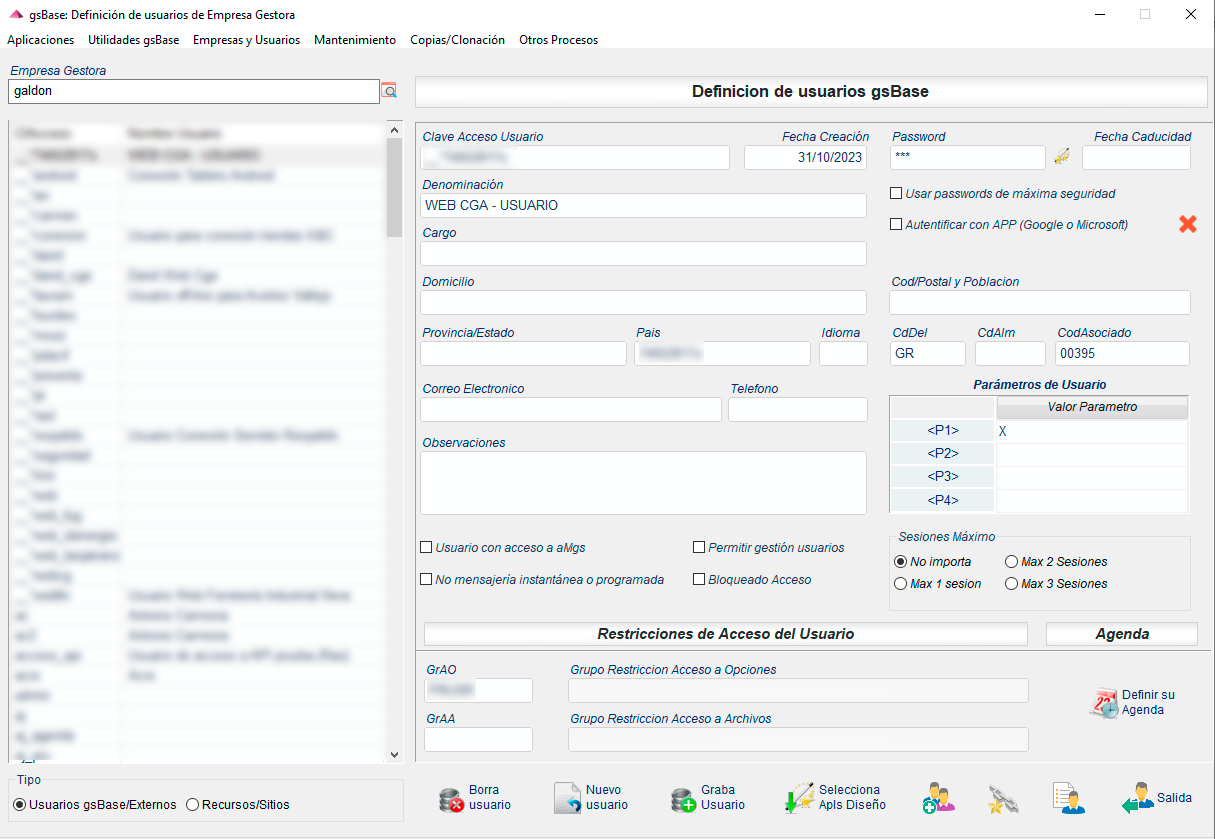 Usuarios en roles y permisos ERP gsBase®: bloqueo, caducidad y sesiones