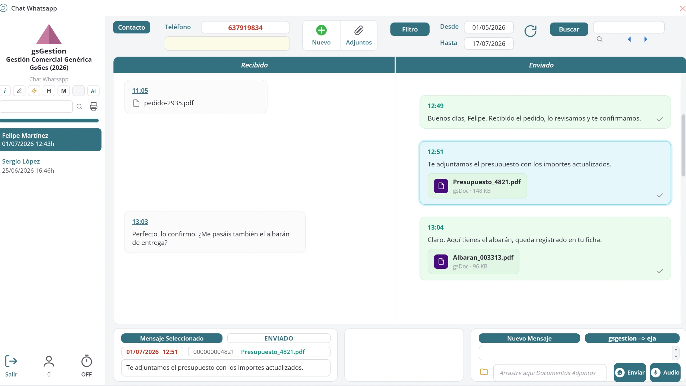Pantalla de historial de WhatsApp con mensajes y documentos asociados a un cliente en el ERP
