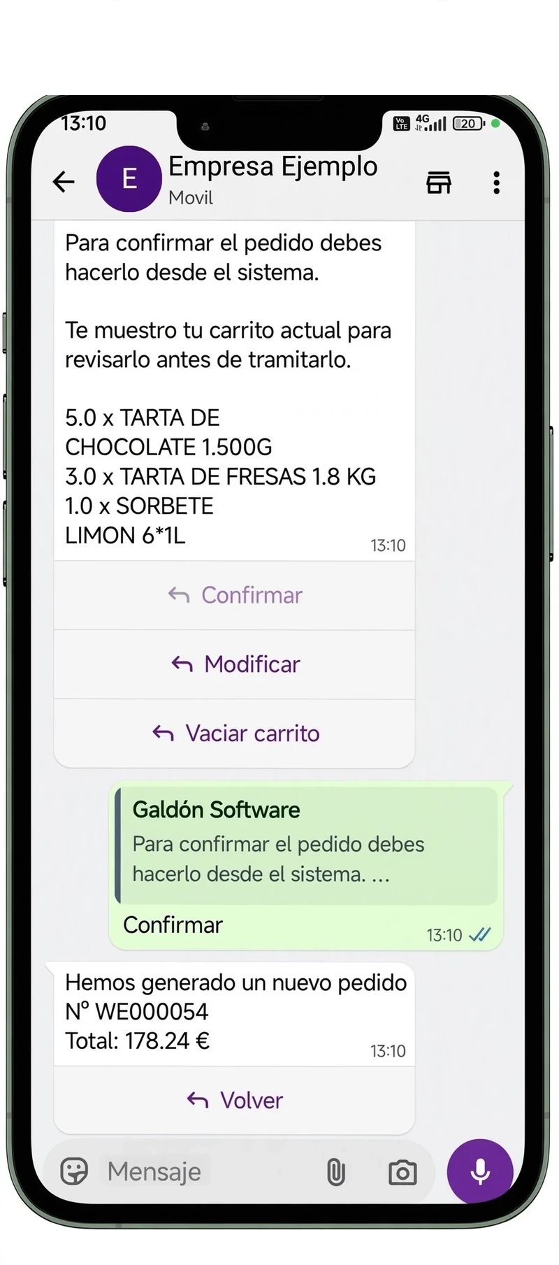 Revisión y confirmación de un pedido con número e importe total
