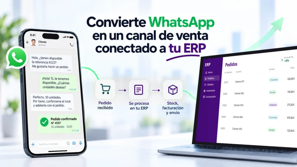 WhatsApp como canal de venta conectado al ERP gsBase® para recibir y gestionar pedidos de clientes